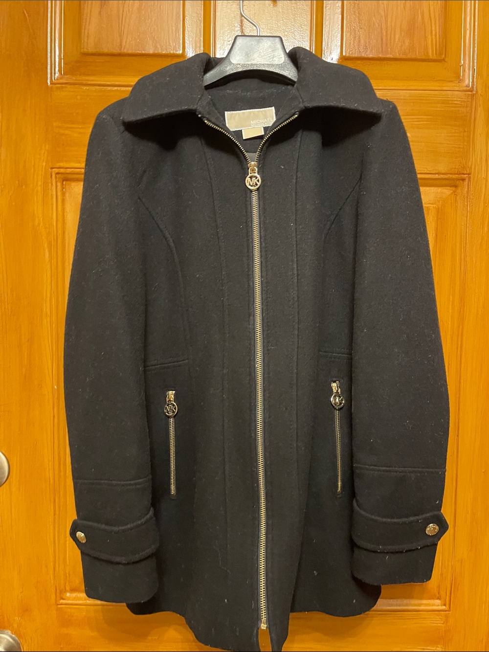 Michael Kors Black Wool Blend Zip-Front Pea Coat